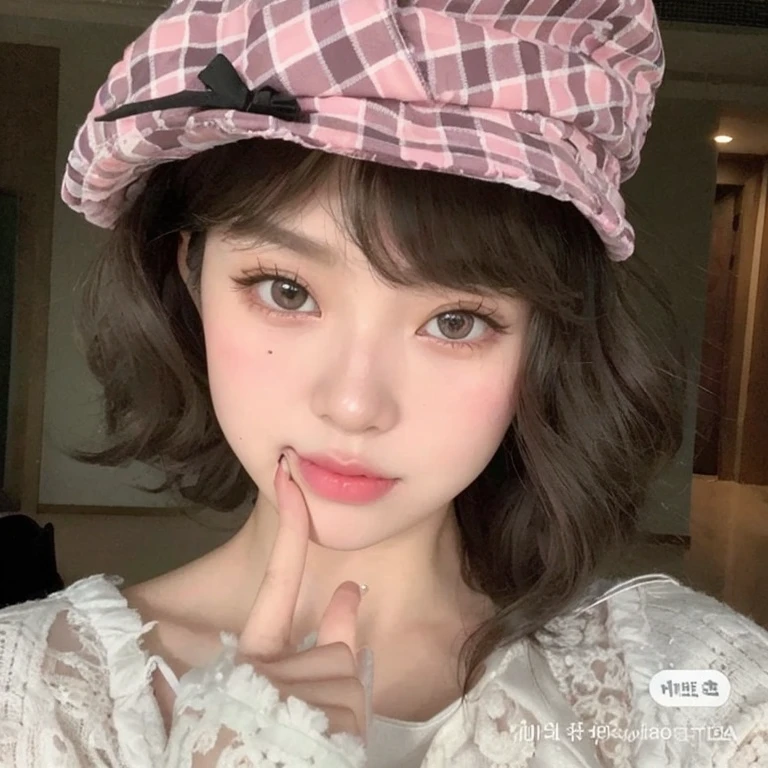 a close up of a woman with a hat on her head, ulzzang, popular south korean makeup, popular korean makeup, wan adorable korean face, lalisa manobal, girl cute-fine-face, young adorable korean face, ruan cute vtuber, korean girl, beautiful japanese girls face, with cute - fine - face, kawaii realistic portrait