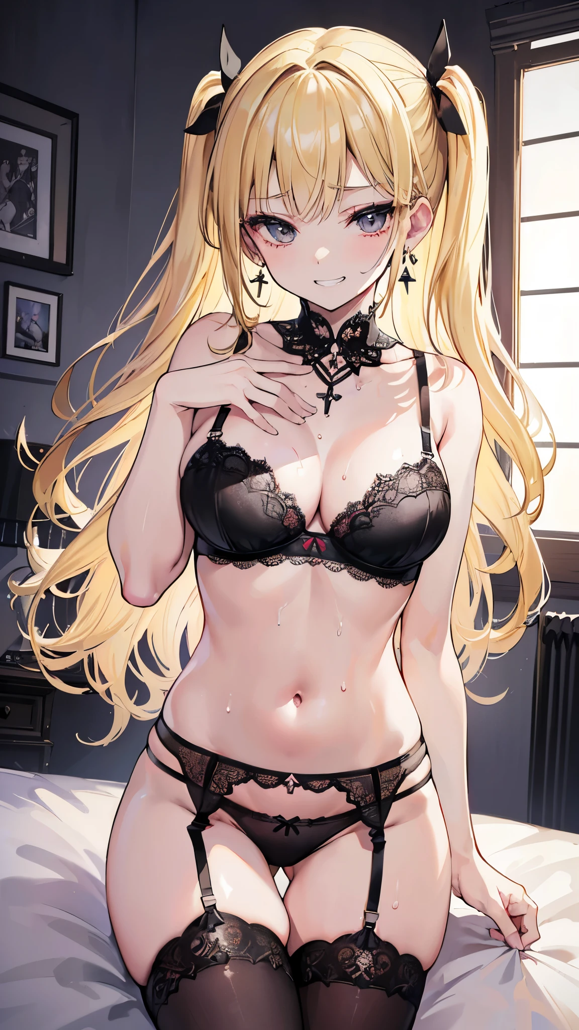 (masterpiece、highest quality、Super detailed)、1 girl、((blonde))、((two side up))、earrings、gray eyes、evil smile、(grin)、Moderate chest、((black bra))、((black panties))、((garter straps))、cowboy shot、((Sweat))、(((dark bedroom)))