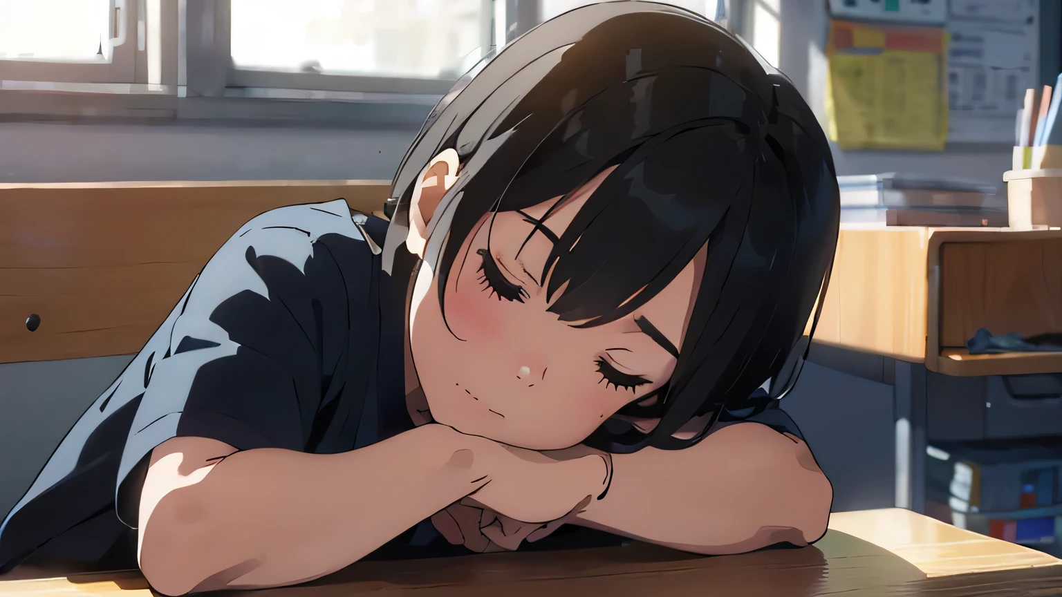 black hair short、Female college student、Neat and clean fashion、sit in a chair、Leaning your elbows on the desk、Pensive