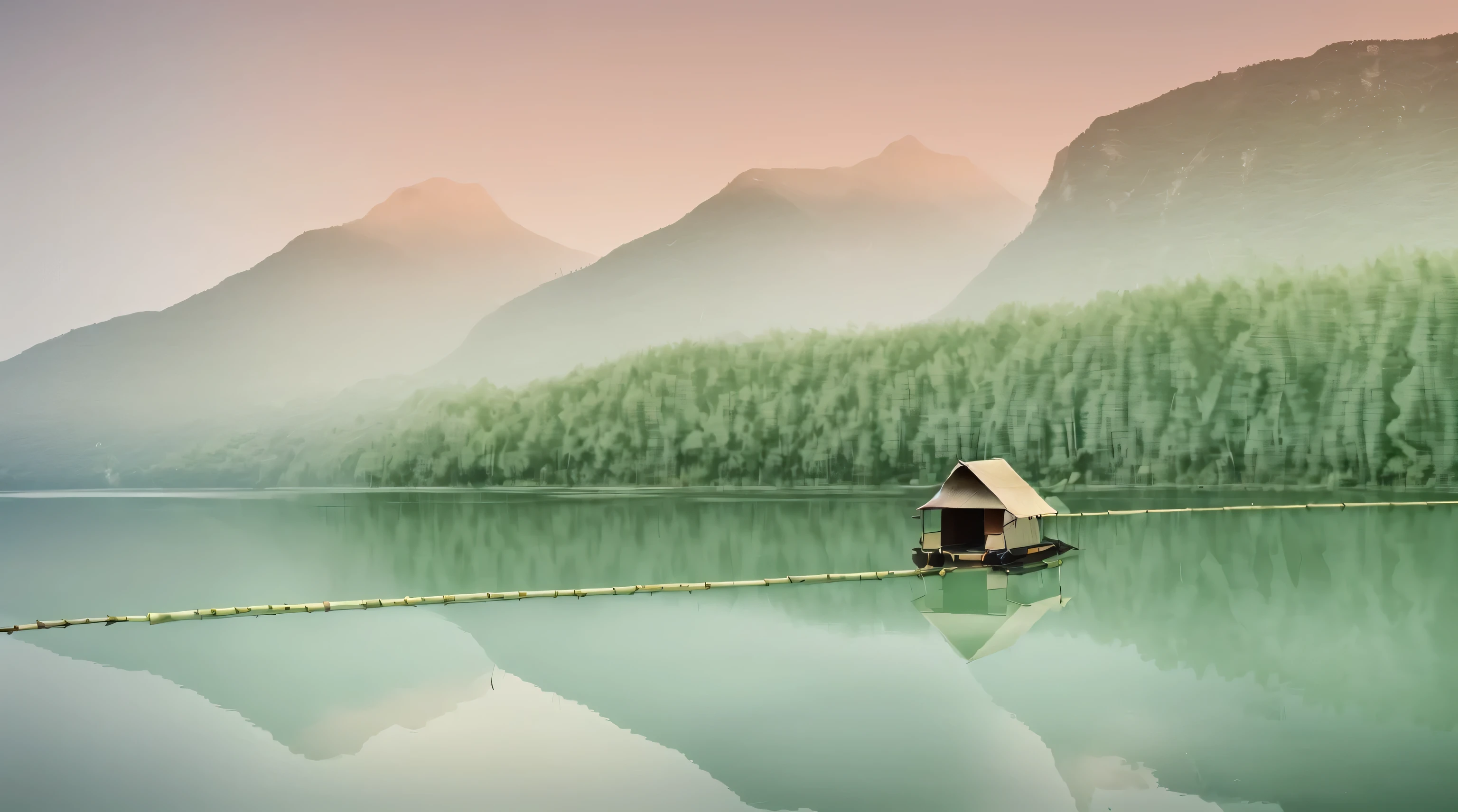 There is a small green bamboo raft in the middle of the lake, There stands a woman in white ancient costume.，With a veil,She has clear and beautiful eyes，sunset twilight， The lake reflects the sky、green forest、mountains, Clear reflection, Lake reflection, very high quality picture，Same resolution and size as the reference image