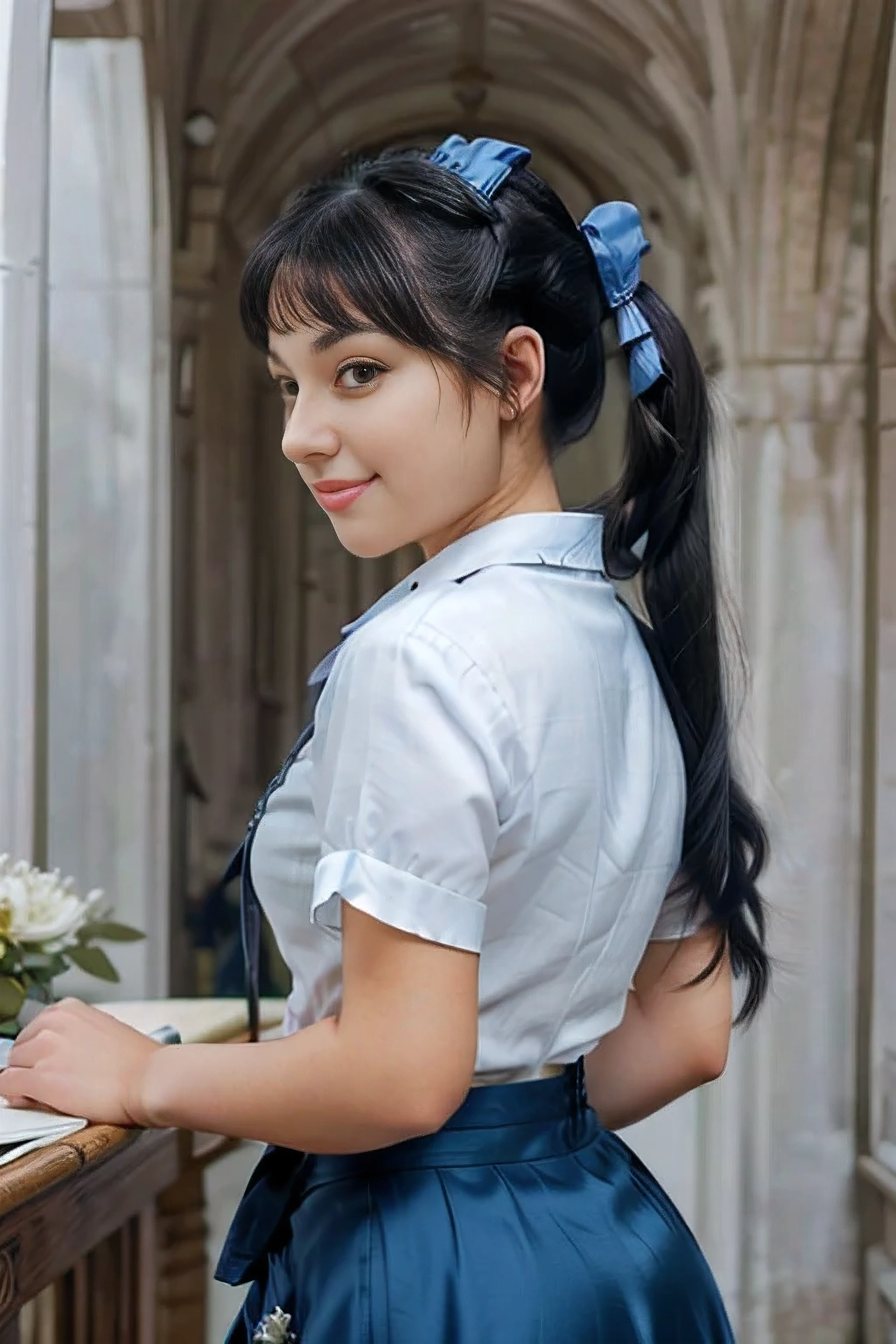 Masterpiece, Top Quality, High Resolution, Very Detailed, Detailed Background,(Fraulem Chrome, (Black Hair, Semi-Long Hair, Blue Ribbon in Ponytail),(White Blouse, Blue Short Ribbon Tie, Blue Long Skirt), Small, Neat, Black Eyes,Studying, Gentle Smile), Scaled Out, Chic Study, Vase