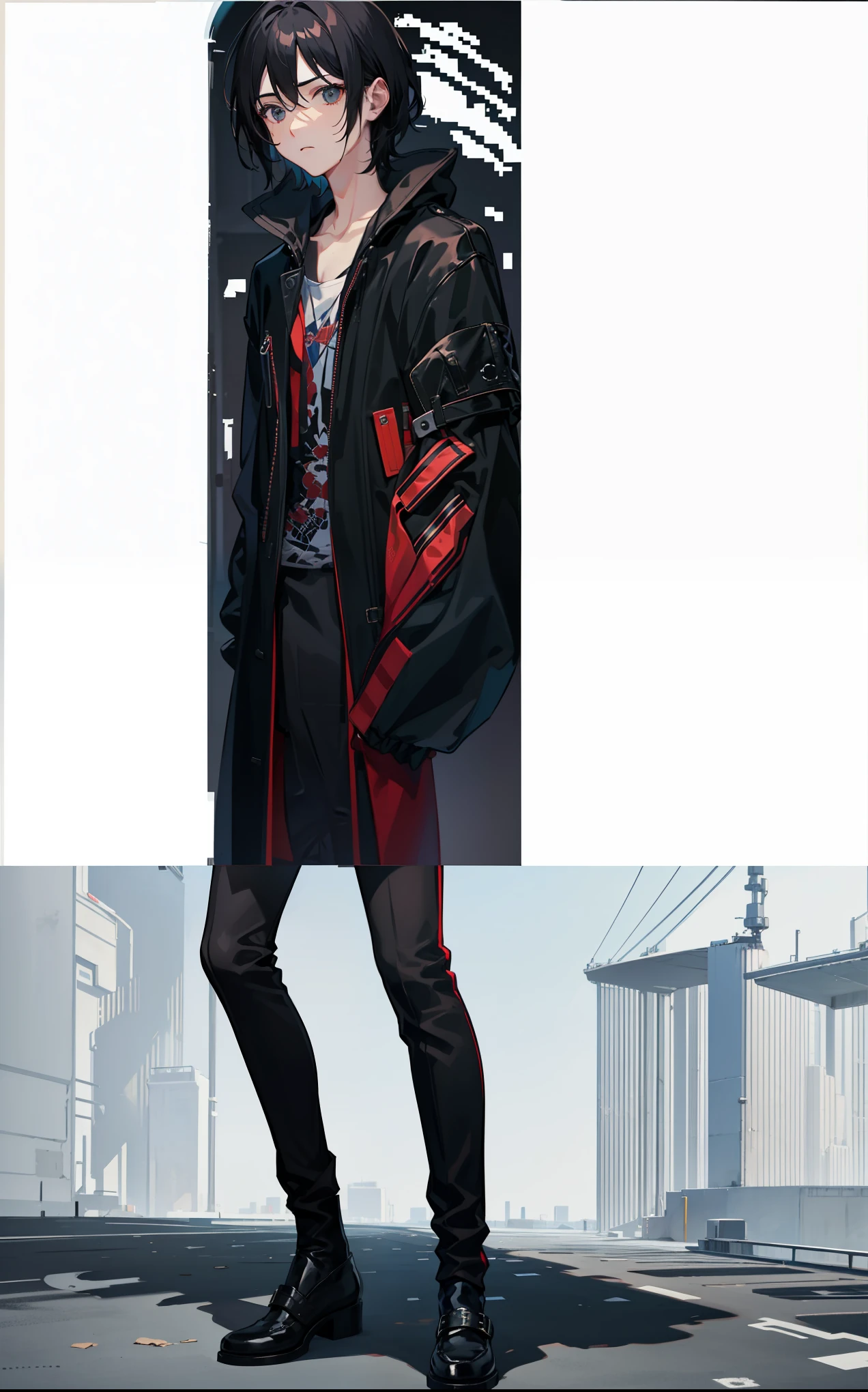 "boy's legs,long pants,wearing leather shoes,hem of a black and red coat,trousers,tattered,astonishing,sky-piercing,stadium floor,smooth,dusty"