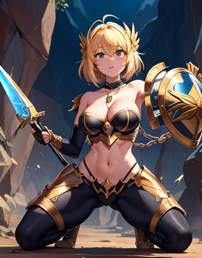1 adult,25 years old,(The female paladin is surrounded and attacked by 3 goblins),(Eros Fairy),((Ornate Paladin Armor,Arm guards,Leggings,Holding a dagger and a small shield)),dynamic poses,Dynamic angle,cave,(Kneeling weakly),(cry,angry),navel,Big breasts,(Gorgeous necklace,jewelry, bracelet),huge ,full,exposed,exposed生殖器,exposed