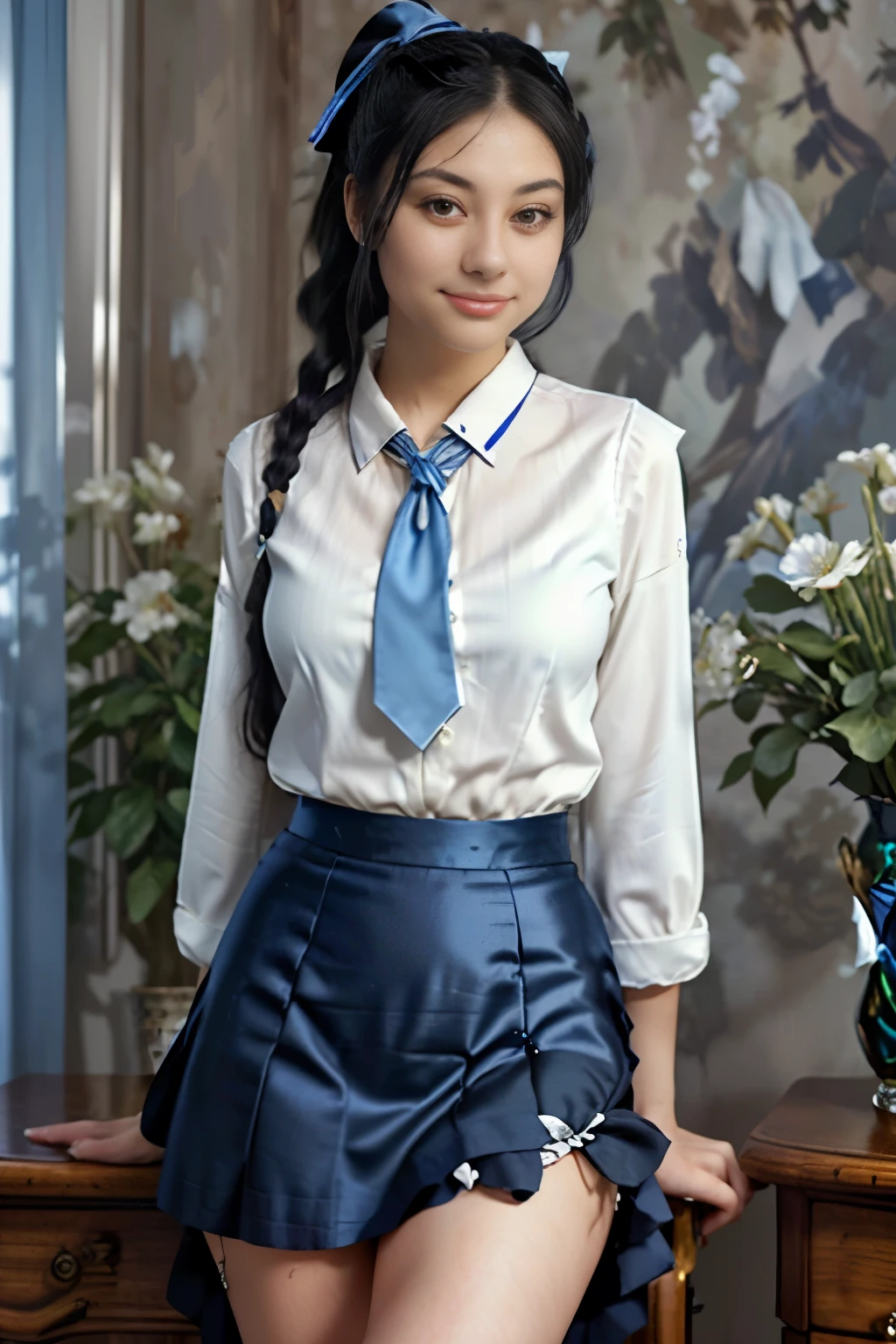 Masterpiece, Top Quality, High Resolution, Very Detailed, Detailed Background,(Fraulem Chrome, (Black Hair, Semi-Long Hair, Blue Ribbon in Ponytail),(White Blouse, Blue Short Ribbon Tie, Blue Long Skirt), Small, Neat, Black Eyes,Studying, Gentle Smile), Scaled Out, Chic Study, Vase