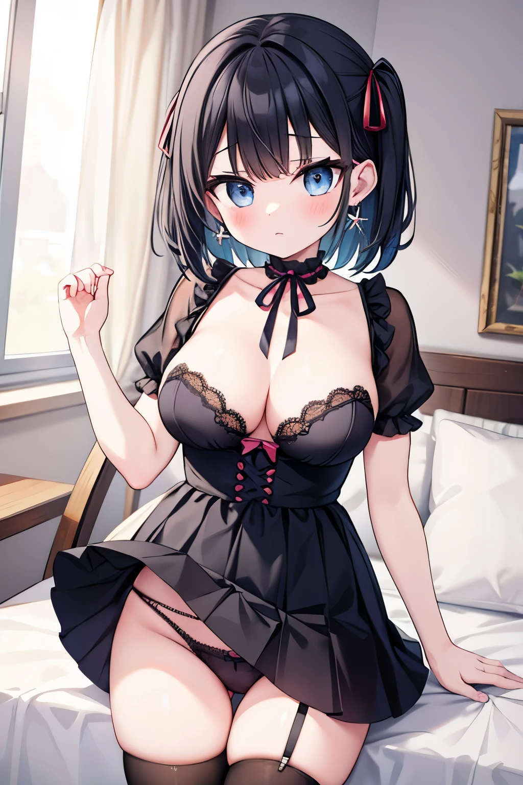 Mine series Two Toneの髪 pink black G cup skirt Thighhighs choker ribbon bob masterpiece highest quality High resolution blue eyes short sleeve blackい服 big breasts Two Tone Show panties bra underwear Show bra shame earrings shyness blush female brat Erotic sexual adult inner color disgusting face cute Estrus