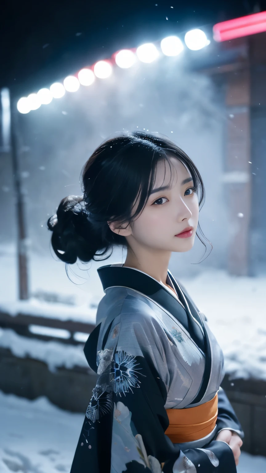 (kimono)、、(highest quality,masterpiece:1.3,超A high resolution,),(Super detailed,caustics),(Photoreal:1.4,RAW shooting,)ultra-realistic capture,very detailed,High resolution 16K suitable for human skin、 natural skin texture、、Skin tone looks even and healthy、 Use natural light and color,one woman,Japanese,,cute,black haired,middle hair,(written boundary depth、chromatic aberration、、wide range of lighting、natural shading、)、、(outdoor lights at night:1.3)、(falling snow:1.2)、(hair swaying in the wind:1.1)、(Snow reflects light:1.1)