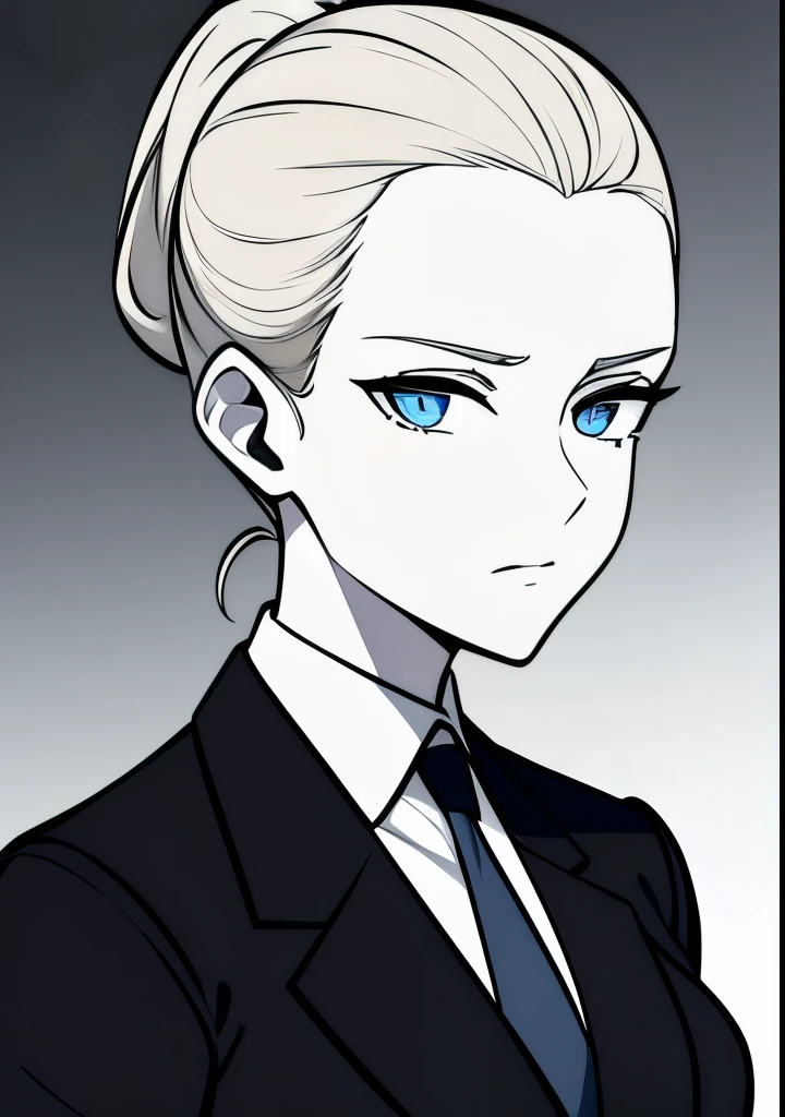 One Young Adult female, pale blonde slicked back into a short ponytail with a single bang on the left hand side, steel blue eyes, light and carefree expression, wearing black suit jacket and tie, portrait style, facing forwards