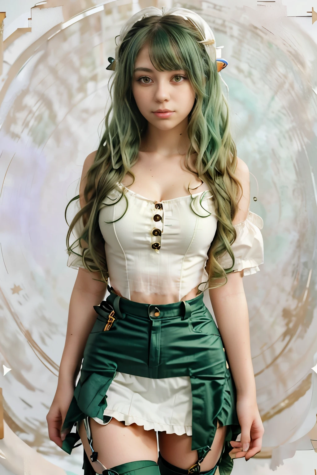 ((live 2D)) masterpiece, 1girl, full body, stands straight, steampunk clothes, military clothing, looking at viewer, detailed face, girl with green wavy hair, bangs, metal sheep horns, gradient hair, multicolored hair, light green hair, turquoise hair tips, wavy hair, gradient eyes, orange eyes, (simple background, white background: 1.3)