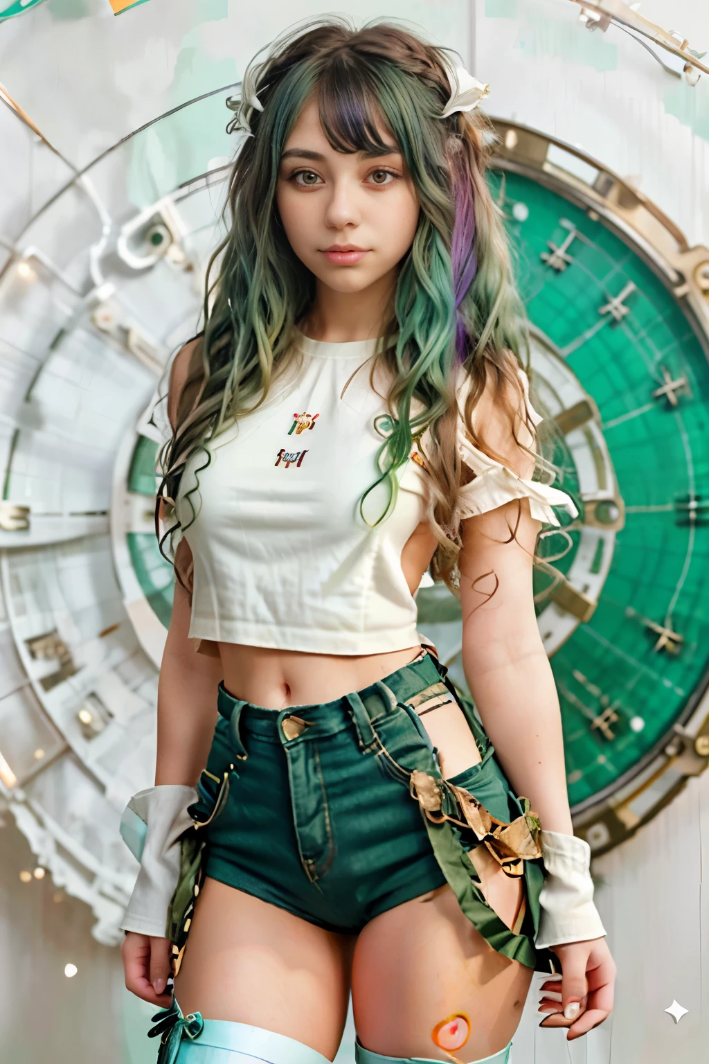 ((live 2D)) masterpiece, 1girl, full body, stands straight, steampunk clothes, military clothing, looking at viewer, detailed face, girl with green wavy hair, bangs, metal sheep horns, gradient hair, multicolored hair, light green hair, turquoise hair tips, wavy hair, gradient eyes, orange eyes, (simple background, white background: 1.3)