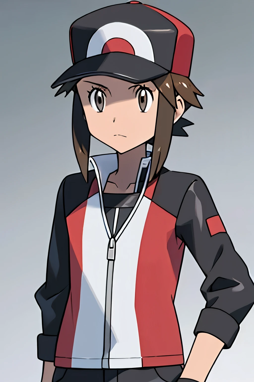 Pokemon trainer, Male, long hair, brown hair, brown eyes, black hat, black outfit, silver choker, (crystal on silver choker), pale skin, feminine, ponytail, no glasses