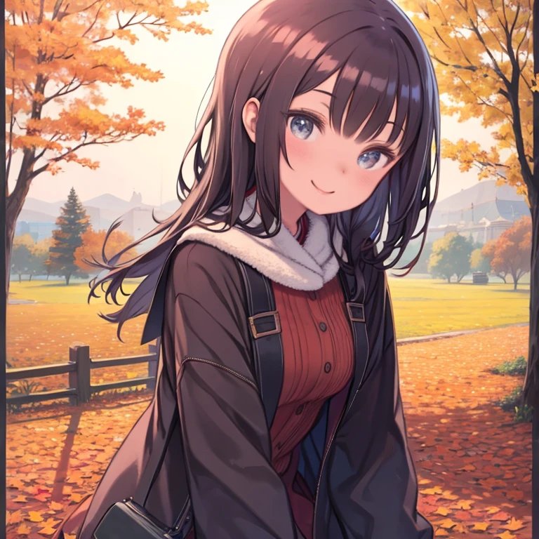 masterpiece, highest quality、Medium wide shot、1. A woman with beautiful eyes、smiling、Autumn scene、autumn scene、