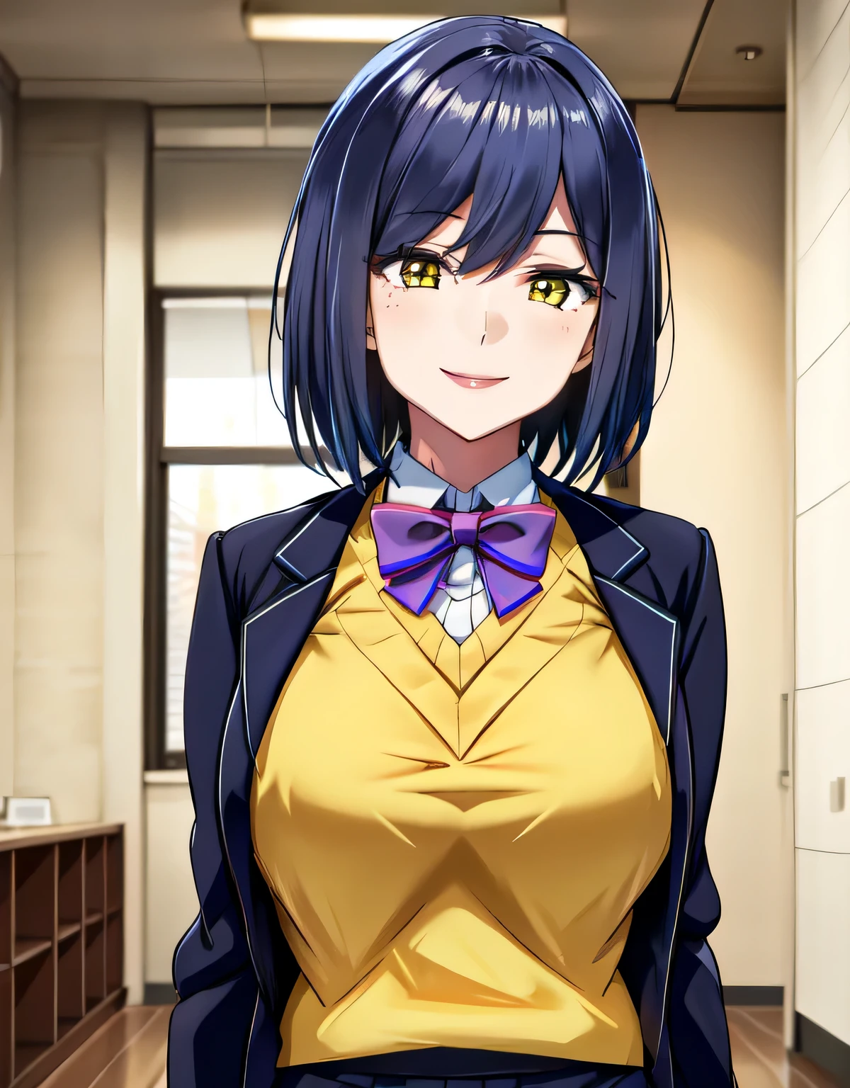 huge breasts,(shiny hair),((solo)),((masterpiece)),((best quality)),perfect anatomy,slim waist,perfect image,8k UHD,(beautiful detailed eyes:1.3),extremely detailed face,standing,(upper body:1.2),(look at the front:1.5),arms behindback,ultra-detailed,absurdres,highres,((sensitive smile)),indoor room,aarin,short hair,bangs,,jacket,(black jacket:1.2),blazer,purple bowtie,yellow sweater,shirt,collared shirt,long sleeves,skirt,blue skirt,(yellow eyes),mature female,erotic lips,