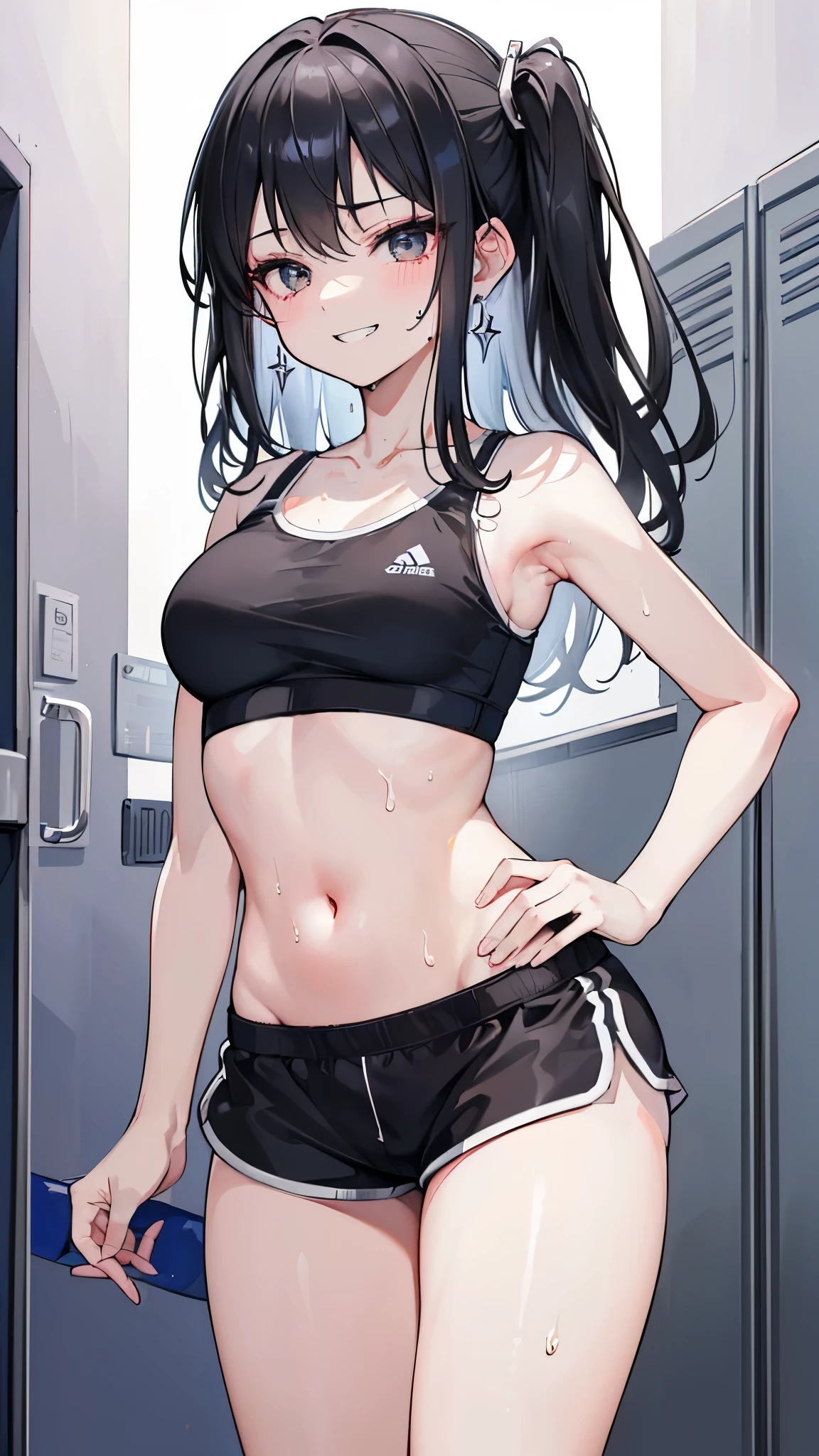 (masterpiece、highest quality、Super detailed)、1 girl、((black hair))、((two side up))、earrings、gray eyes、evil smile、(grin)、Moderate chest、((white sports bra))、((black sports short shorts))、cowboy shot、((Sweat))、locker room background