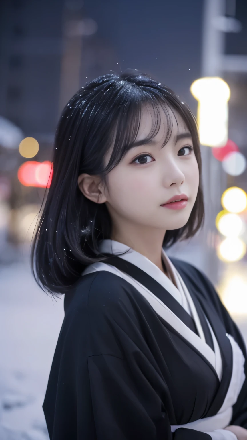 (kimono)、、(highest quality,masterpiece:1.3,超A high resolution,),(Super detailed,caustics),(Photoreal:1.4,RAW shooting,)ultra-realistic capture,very detailed,High resolution 16K suitable for human skin、 natural skin texture、、Skin tone looks even and healthy、 Use natural light and color,one woman,Japanese,,cute,black haired,middle hair,(written boundary depth、chromatic aberration、、wide range of lighting、natural shading、)、、(outdoor lights at night:1.3)、(falling snow:1.2)、(hair swaying in the wind:1.1)、(Snow reflects light:1.1)
