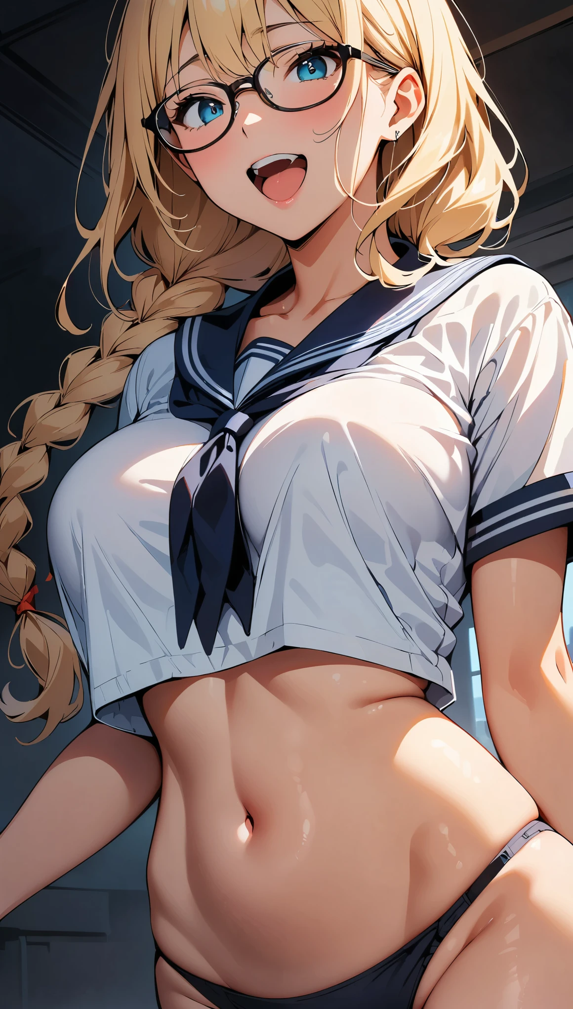 (high quality, 8K, 4k, high contrast, masterpiece:1.2, 最high quality, best aesthetics), (dynamic angle), ((1 female)), erotic, sexy, mature body, JK, , Braid, Glasses, sexyな唇, excited, Chairman, sailor suit:1.2, open your mouth.