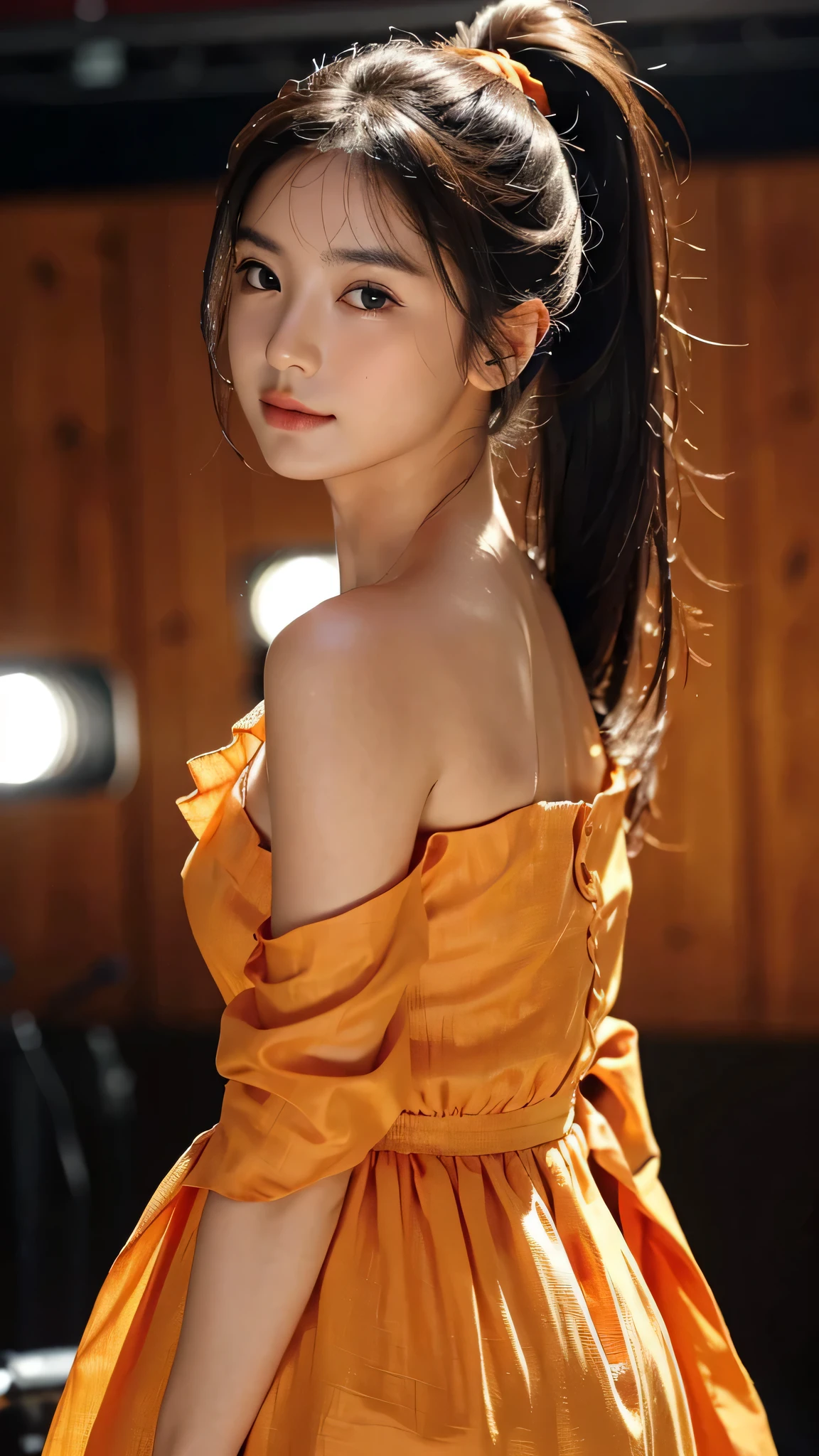 Spotlight on stage,close-up of face,One woman,fully body photo,masutepiece, The highest image quality, High quality, the background is clear,Beautiful woman, Japanese, Detailed, Detailed eyes, Detailed skin, Beautiful skin, 超hight resolution, (reality: 1.4),Very beautiful woman, Slightly younger face, Beautiful skin, slender, (Ultra photo realsisim), (hight resolution), (8K), (Very detailed) (beautifully detailed eyes), (super detailed), (Detailed face), view the viewer, Fine details, Detailed face, Staring straight ahead, Staring straight ahead, photos realistic, Bright lighting, Professional Lighting, Black hair,poneyTail,a baby face,sixteen years old,Hairstyle is ponytail,long ponytail hairstyle,slight smile,Orange colored long dress with lots of ruffles, softly shaped skirt,