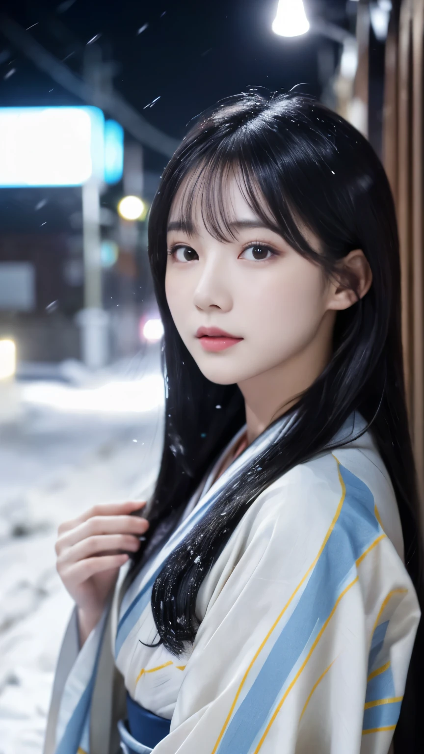(kimono)、、(highest quality,masterpiece:1.3,超A high resolution,),(Super detailed,caustics),(Photoreal:1.4,RAW shooting,)ultra-realistic capture,very detailed,High resolution 16K suitable for human skin、 natural skin texture、、Skin tone looks even and healthy、 Use natural light and color,one woman,Japanese,,cute,black haired,middle hair,(written boundary depth、chromatic aberration、、wide range of lighting、natural shading、)、、(outdoor lights at night:1.3)、(falling snow:1.2)、(hair swaying in the wind:1.1)、(Snow reflects light:1.1)