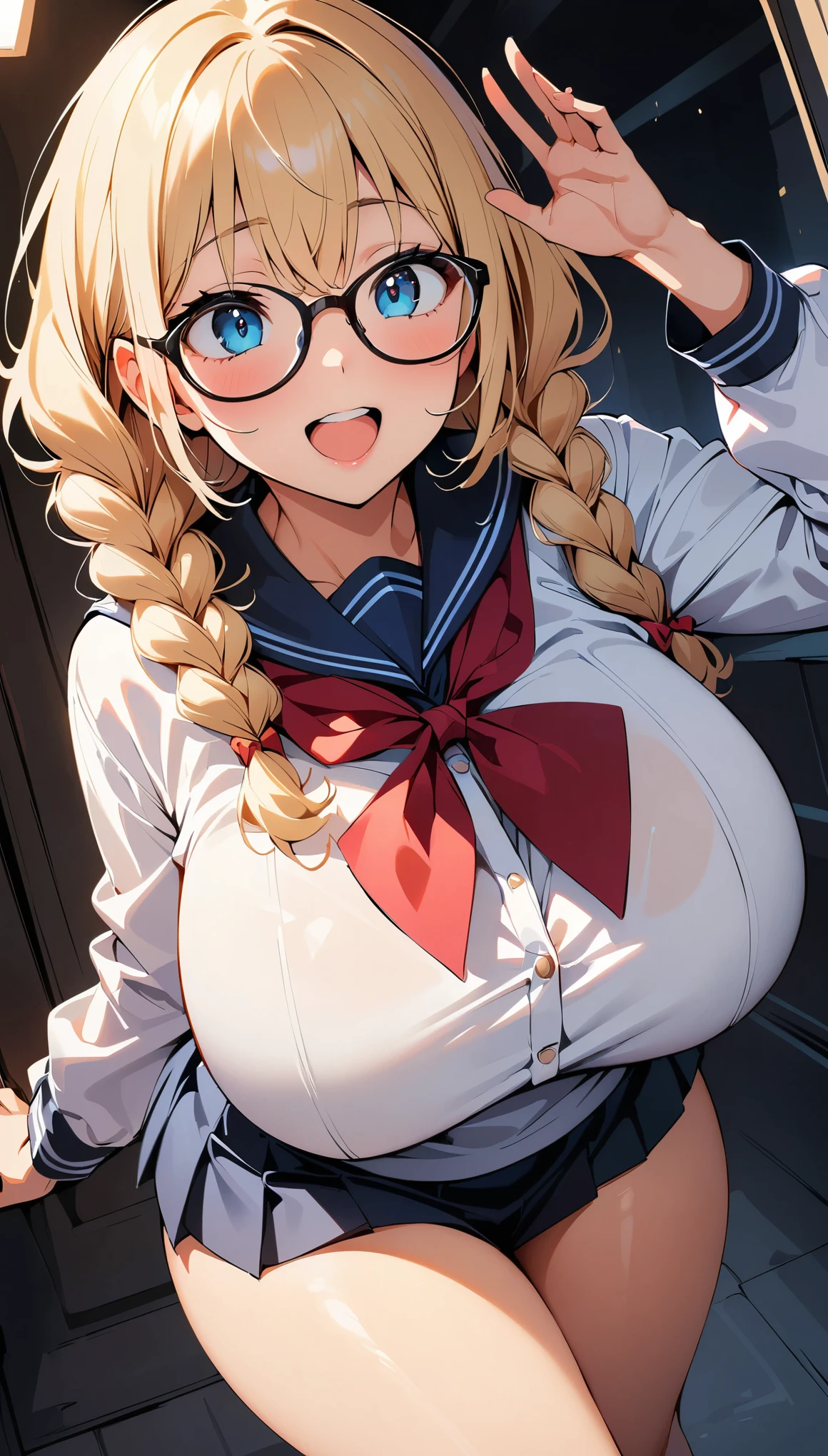(high quality, 8K, 4k, high contrast, masterpiece:1.2, 最high quality, best aesthetics), (dynamic angle), ((1 female)), erotic, sexy, mature body, JK, , Braid, Glasses, sexyな唇, excited, Chairman, sailor suit:1.2, open your mouth.