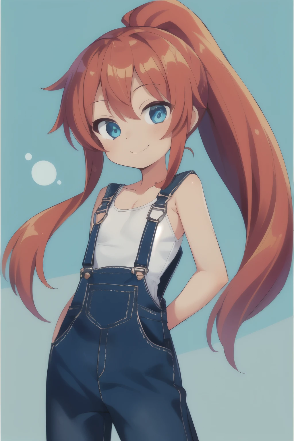 (highest quality、masterpiece:1.2) (flat:1.2) chest, ((1 cute girl)) redhead、blue eyes、ponytail、elegant (white tank top、overalls) beautiful eyes、beautiful hair、shy, smile (sea background)