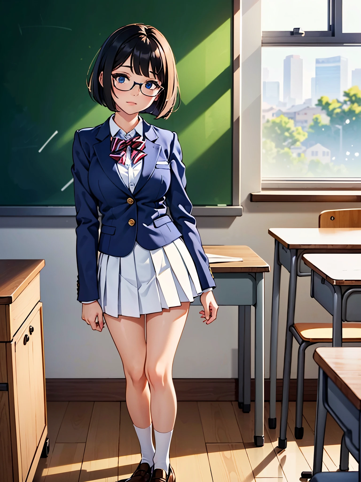 masterpiece, best quality, 1girl, solo, solo focus, brown shoes, matching shoes, white socks, matching socks, (blazer, blue blazer), (white skirt, pleated skirt, miniskirt), glasses (high school girl), standing, standing straight, school backdrop, dark blue hair, ((short hair, bob hair)), blue eyes, beautiful detailed eyes, beautiful detailed face, cute face, perfect hands, complete fingers, perfect anatomy, perfect proportions, relaxed, full body, cowboy shot, classroom