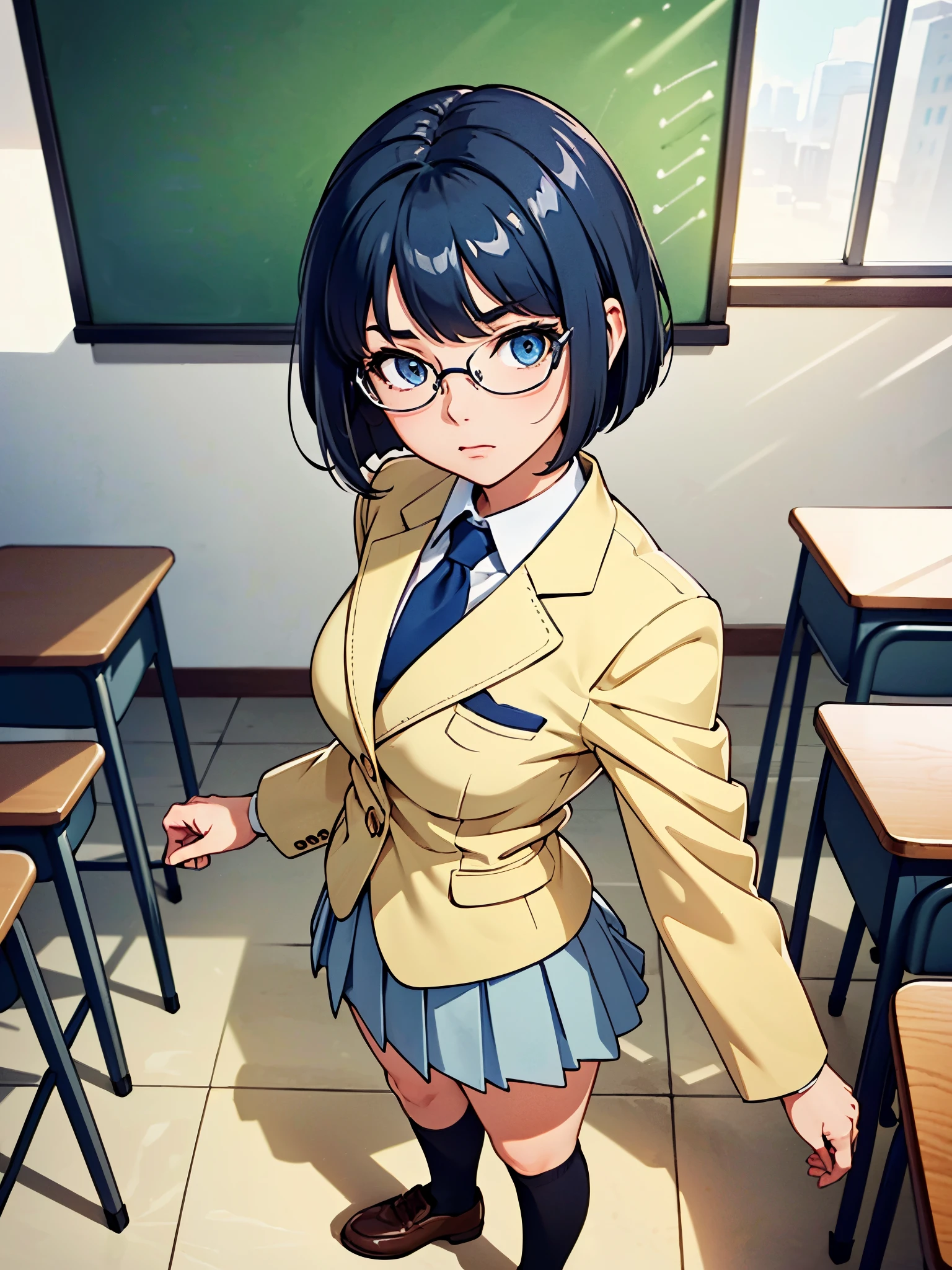 masterpiece, best quality, 1girl, solo, solo focus, brown shoes, matching shoes, white socks, matching socks, (blazer, blue blazer), (white skirt, pleated skirt, miniskirt), glasses (high school girl), standing, standing straight, school backdrop, dark blue hair, ((short hair, bob hair)), blue eyes, beautiful detailed eyes, beautiful detailed face, cute face, perfect hands, complete fingers, perfect anatomy, perfect proportions, relaxed, full body, cowboy shot, classroom