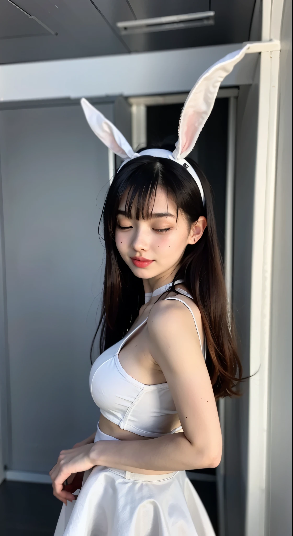 arafed woman wearing rabbit ears and a blue dress, with rabbit ears, beautiful thighs、beautiful calves、Beautiful ass、boobs 、Mini skirt white pantieini skirt white panties、banana、Has big rabbit ears, Bunny girl, has long floppy rabbit ears, with rabbit ears, rabbit ears, Yoshitomo Nara, shikamimi, Beast, Chiho, wearing cybernetic rabbit ears, wearing a bunny suit