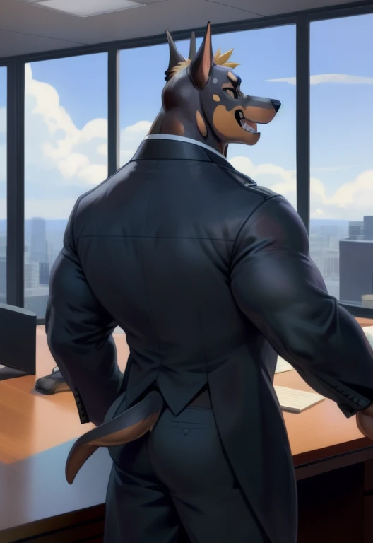 (by null-ghost,by raccoon21),
(masterpiece,high quality,8k),
solo,anthro,((((dobermandog)))),tail,full body,
standing,full body,
smile,
(((((closed mouth,expressionless, ))))),
((holding coffee)),5 fingers,
pants,((suit shirt,white shirt,blazer)),watch,
office,table,indoors,day,blue sky,cloud,window,computer,monitor,
presenting hindquarters,rear view,
looking at viewer,