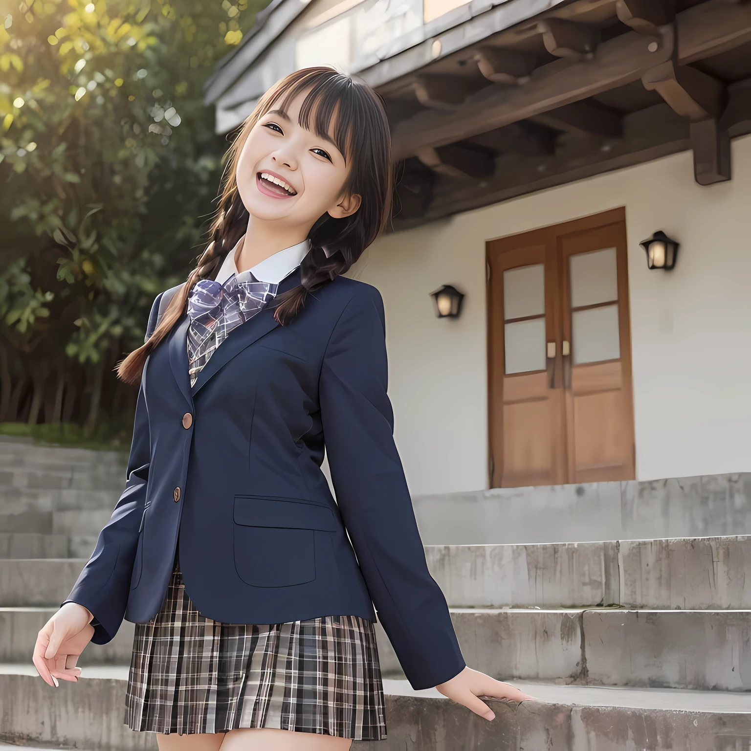(highest quality、masterpiece:1.2)、highest quality、realistic、photograph、High resolution、1080p、8K、The face is especially pale., physical rendering、((Height: 155cm)), one Japanese girl、((Siren in the form of a -yeld Jaese junior hiool student)n the form of a beautiful girl fashion model from a Japanese magazine)))), , (((big very detailed beautiful dark brown eyes))), ((blue girly large wine-red glossy polyester Japanese school ribbon bow tie)), (((black beautiful long twin braids hair))), ((((deep blue colored tartan checkered formal long pleated pleated skirt)))), ((A unpatterned formal dark blue blazer in solid that is slightly oversized and has an emblem on the left chest.)), ((((((laughing at me!)))))), mouth is open, The large blazer and skirt are very cute., detailed fingers, Slender body, ((curled bangs)), so beautiful, long eyelashes, ((Very big and very very very cute eyes of a Japanese girl)), ((large pupils)), double eyelids, The entire skirt is photographed, thin eyebrows, ((drooping eyes)), ((long eyelashes)), ((cute lovely lovely laughing laughing cheeks)), ((Pure white light hits her face from above and in the front, making her skin and eyes shine beautifully.)), ((Strong light hits the nose and cheeks、It brings out the richness of the expression.)), (((((Her face is expressive, pure and very intelligent.))))), (((((going down demoniac evil stairs bringing me to the underground demoniac temple of Succubus!!))))), ((shot from her back))