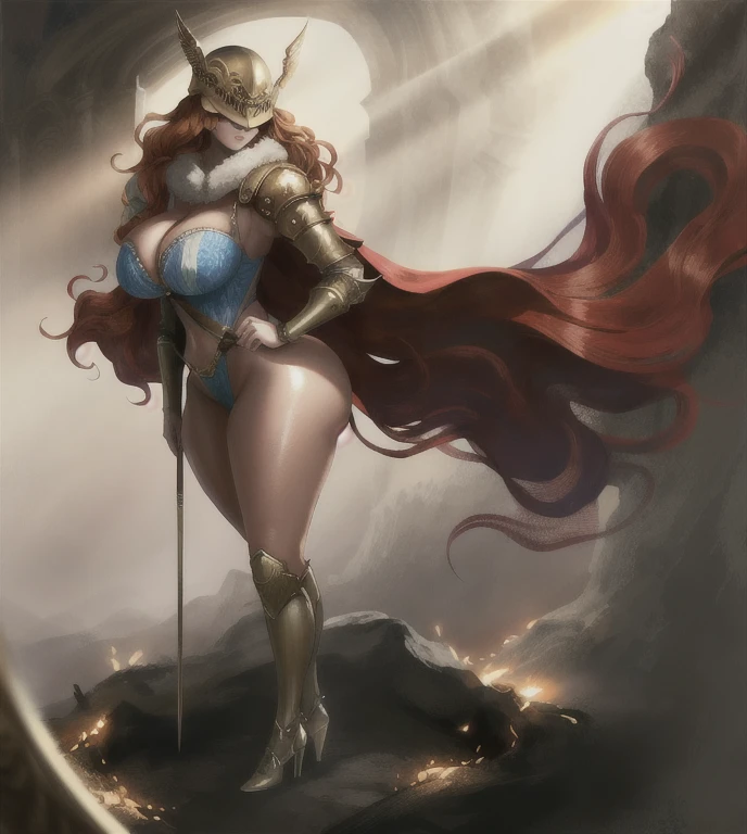 best quality, high quality, extreme detail,High detail, 1 woman solo, wearing clothes, fully clothed, armor, helmet, , huge , , huge thighs, narrow waist, wide , thick thighs, curvy, long wavy red hair,lookig at viewer, full body in frame, full body, standing up,curvy, professionally drawn body, professionally drawn face, professionally drawn eyes, dramatic lighting, photorealistic body, accurate lighting, hard focus, shiny skin, oily skin,dynamic lighting, detailed shadows,