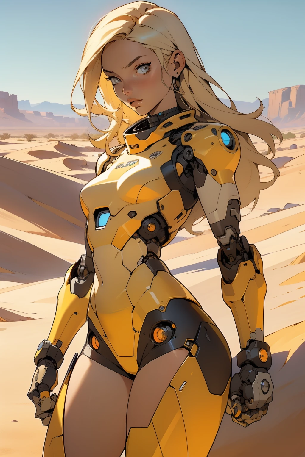 high quality, 4k, masterpiece, beautiful, cyborg girl, cowboy shot, dull eyes, front, looking at viewer, long blonde hair, girl, small breasts, fit thighs, robotic arms, robotic body, cyborg body, yellow & white uniform, orange accent, intricate detail, joint, detailed lines, robotic detail, holding fist up, holding hand up as fist, color robotic parts, robotic parts with color, perfect fingers, on a desert planet, sunny background, colorful desert, a river or a lake in the background, slender thighs, skinny thighs,