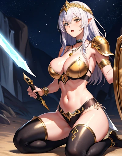 1 adult,25 years old,(The female paladin is surrounded and attacked by 3 goblins),(Eros Fairy),((Ornate Paladin Armor,Arm guards,Leggings,Holding a dagger and a small shield)),dynamic poses,Dynamic angle,cave,(Kneeling weakly),(cry,angry),navel,Big breasts,(Gorgeous necklace,jewelry, bracelet)，huge ，full，exposed，exposed生殖器，exposed，exposed白虎穴