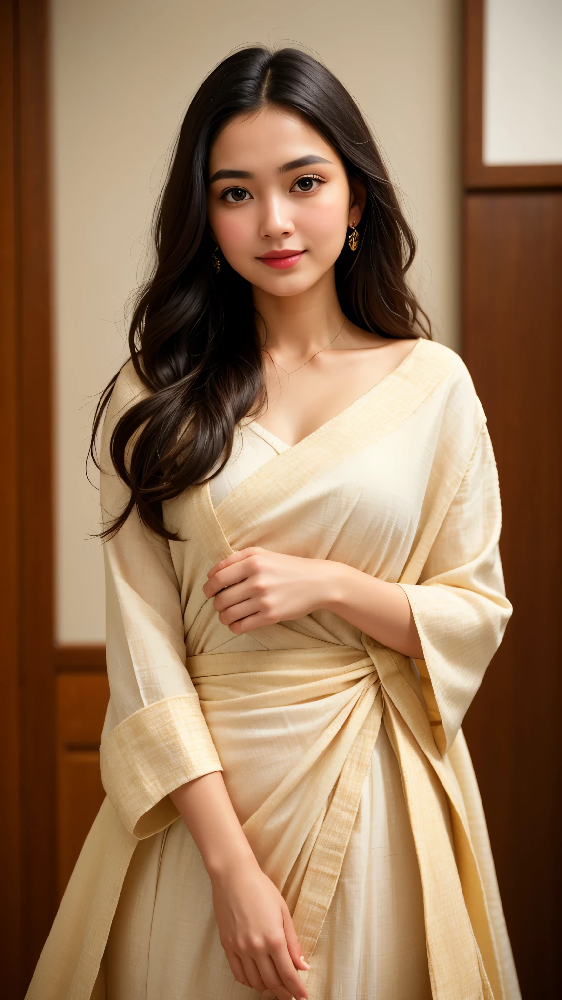 A portrait capturing a woman from the waist up. Her eyes are the focal point, shimmering with myriad stories; eyebrows perfectly arched, framing the windows to her soul. Soft, cascading curls envelop her face, adding a touch of gentleness. Her lips, delicate as a rose petal, carry a soft smile that seems to whisper secrets of a joyful heart. The attire she wears is draped with elegance, the fabric rich with the tales of tradition and embroidered with the subtleties of passion and precision. Every fold, every color, seems to narrate an emotion, an untold story. Accessories adorning her outfit are not just ornaments but a complement to her radiant grace. The light plays beautifully, enhancing the contours of her face, carefully illuminating the essence of her femininity.