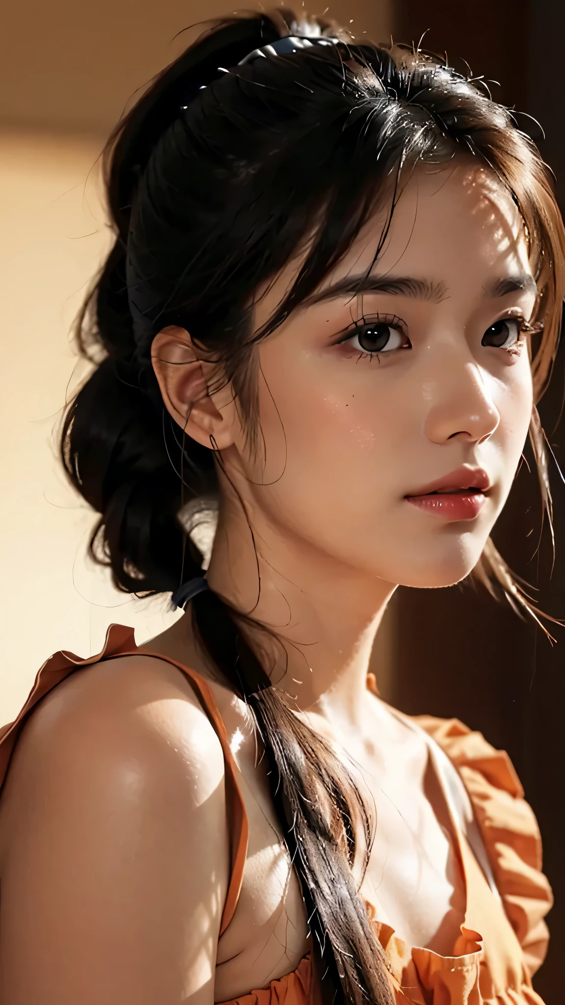 Spotlight on stage,close-up of face,One woman,fully body photo,masutepiece, The highest image quality, High quality, the background is clear,Beautiful woman, Japanese, Detailed, Detailed eyes, Detailed skin, Beautiful skin, 超hight resolution, (reality: 1.4),Very beautiful woman, Slightly younger face, Beautiful skin, slender, (Ultra photo realsisim), (hight resolution), (8K), (Very detailed) (beautifully detailed eyes), (super detailed), (Detailed face), view the viewer, Fine details, Detailed face, Staring straight ahead, Staring straight ahead, photos realistic, Bright lighting, Professional Lighting, Black hair,poneyTail,a baby face,sixteen years old,Hairstyle is ponytail,long ponytail hairstyle,slight smile,Orange colored long dress with lots of ruffles, softly shaped skirt,