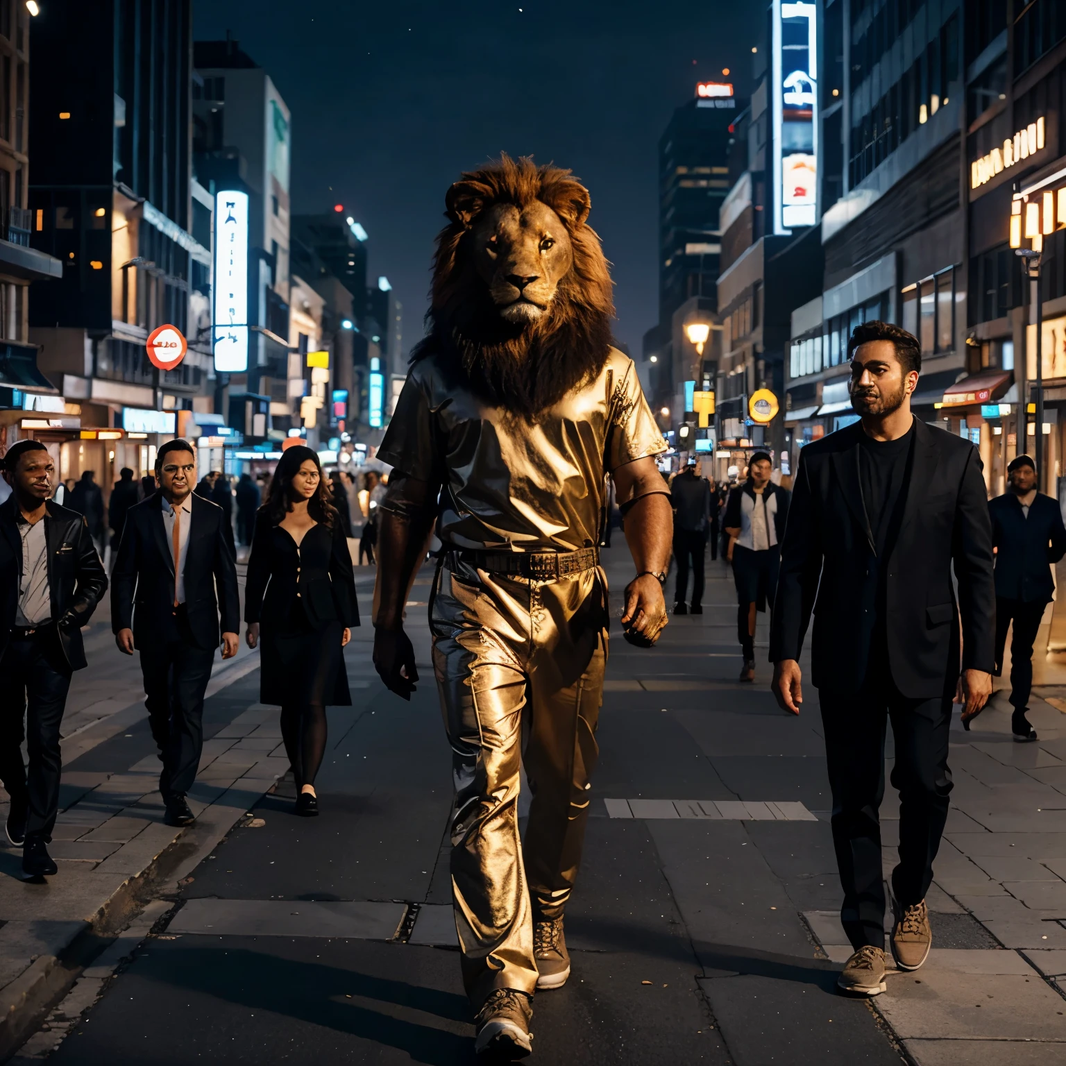An anthropomorphic lion walking through the streets of a busy city at night, with illuminated skyscrapers in the background and people walking on the sidewalks.