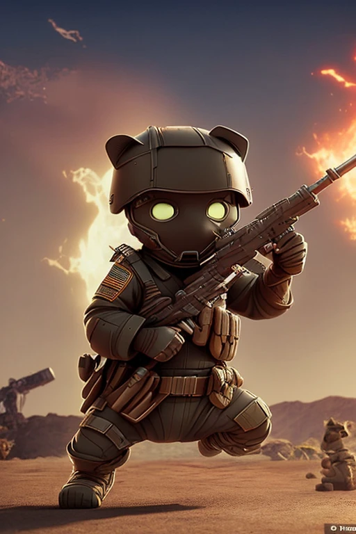 Cute soldier cat character with gun, face exposure, highest resolution,Fighting hard on the battlefield