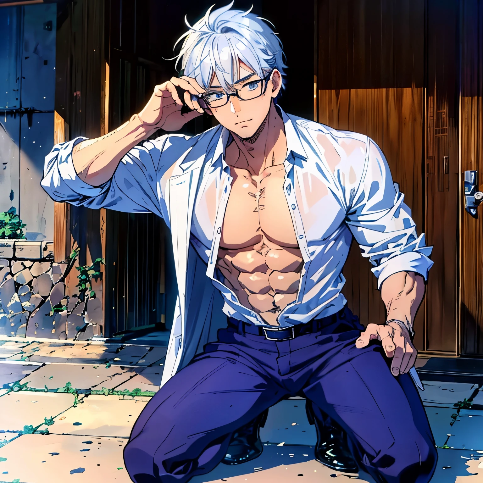 An adult man with a six-pack and  muscles, silver white hair, bright blue eyes like Gojo Satoru, wearing square glasses while striking a  pose, wearing an unbuttoned shirt, full body, blushing cheeks and panting, begging pose, beautiful yet handsome face. 