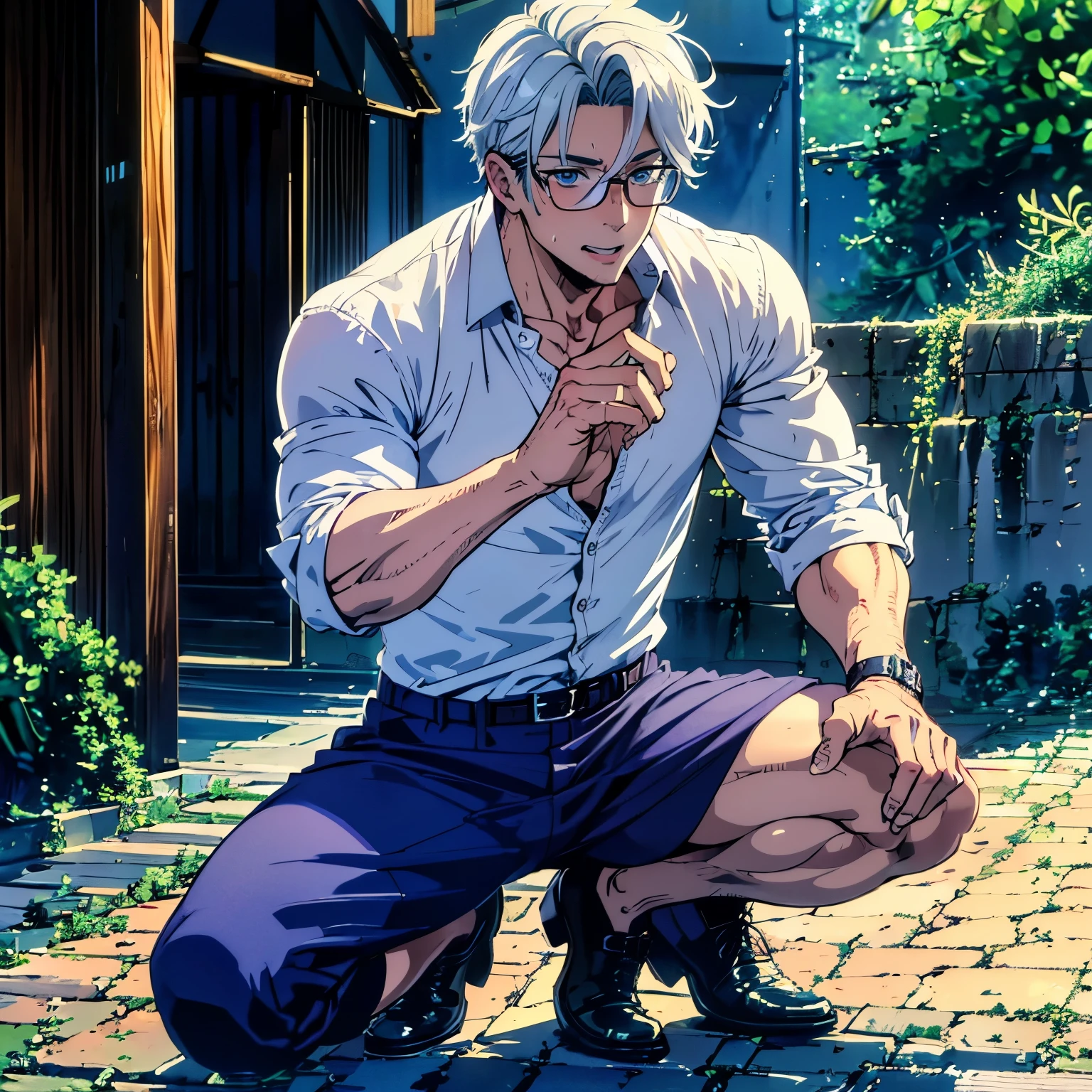 An adult man with a six-pack and sexy muscles, silver white hair, bright blue eyes like Gojo Satoru, wearing square glasses while striking a sexy pose, wearing an unbuttoned shirt, full body, blushing cheeks and panting, begging pose, beautiful yet handsome face. 