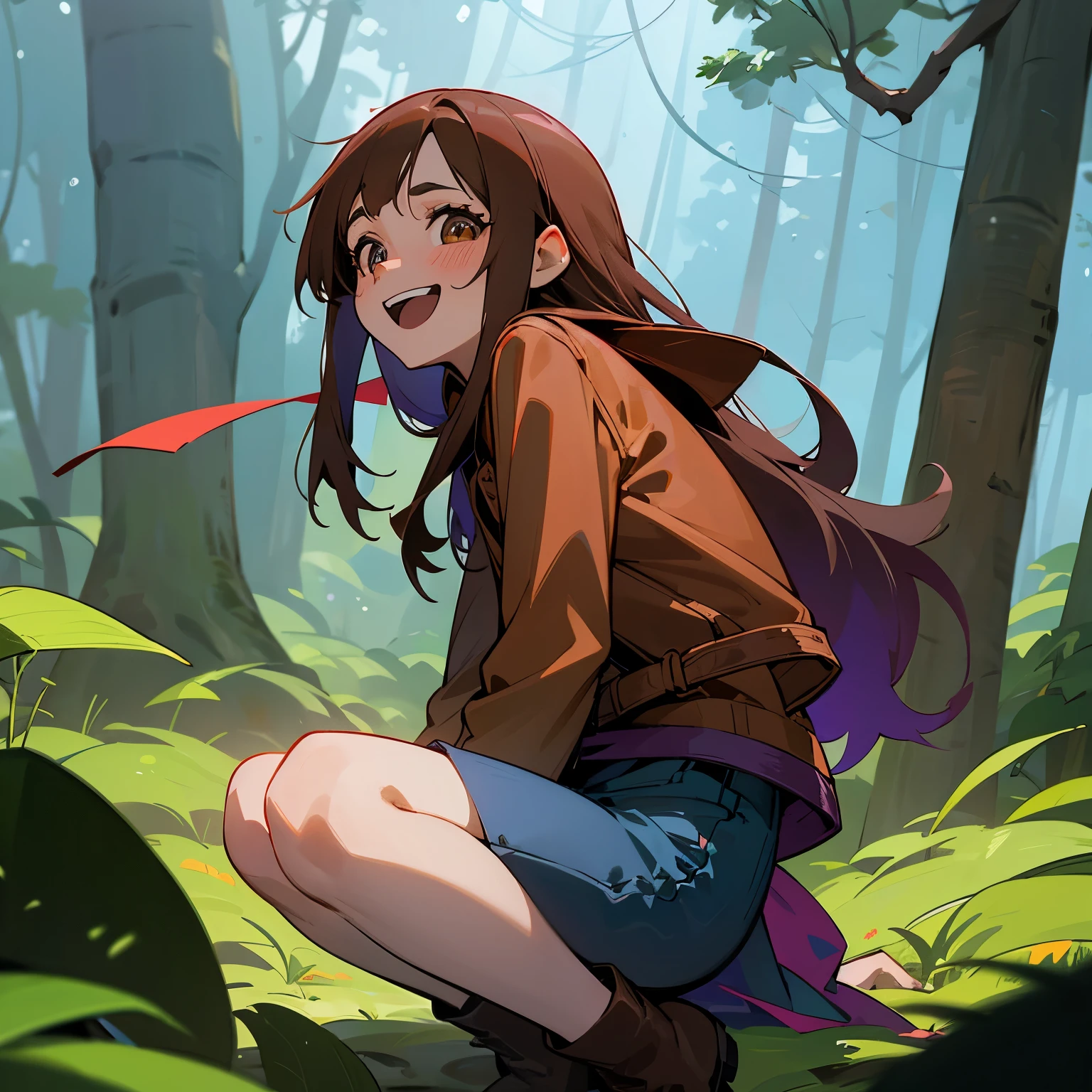 dos personas, mujer, mabel pines 20 years old, chestnut, Brown eyes, camiseta blanca, short de mezclilla, brown leather jacket, botas, laughing blushing in a forest with 20 year old Pacifica Northwest, mujer, rubia, ojos color azul, falda color rosado, blusa color morado, de Gravity falls, estilo anime