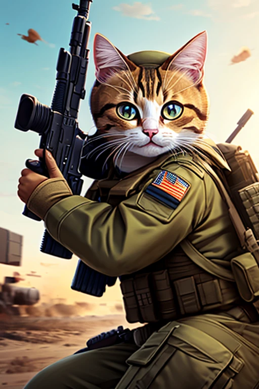 Cute soldier cat character with gun, cat face exposed, highest resolution,Fighting hard on the battlefield