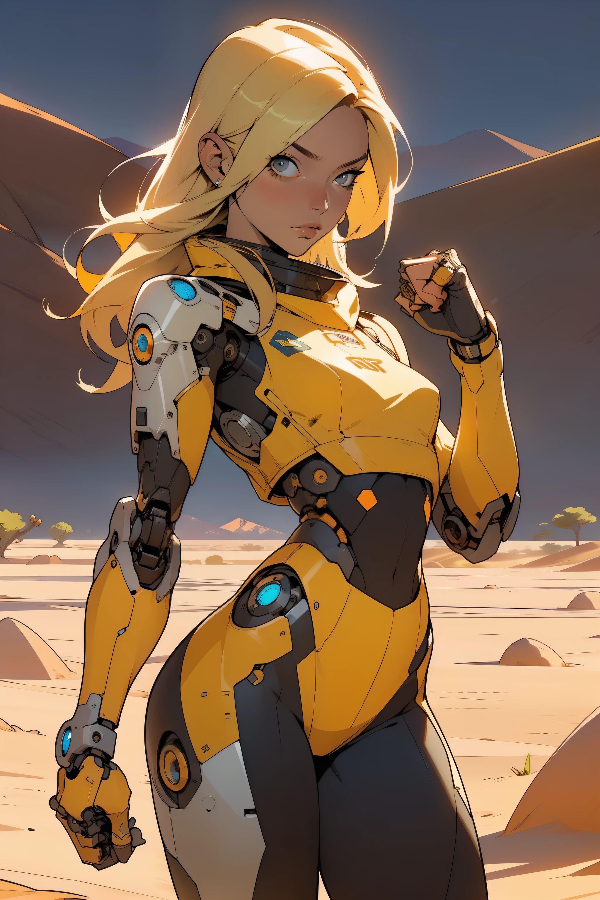 high quality, 4k, masterpiece, beautiful, cyborg girl, cowboy shot, dull eyes, front, looking at viewer, long blonde hair, girl, small breasts, fit thighs, robotic arms, robotic body, cyborg body, yellow & white uniform, orange accent, intricate detail, joint, detailed lines, robotic detail, holding fist up, holding hand up as fist, color robotic parts, robotic parts with color, perfect fingers, on a desert planet, sunny background, colorful desert, a river or a lake in the background, slender thighs, skinny thighs,