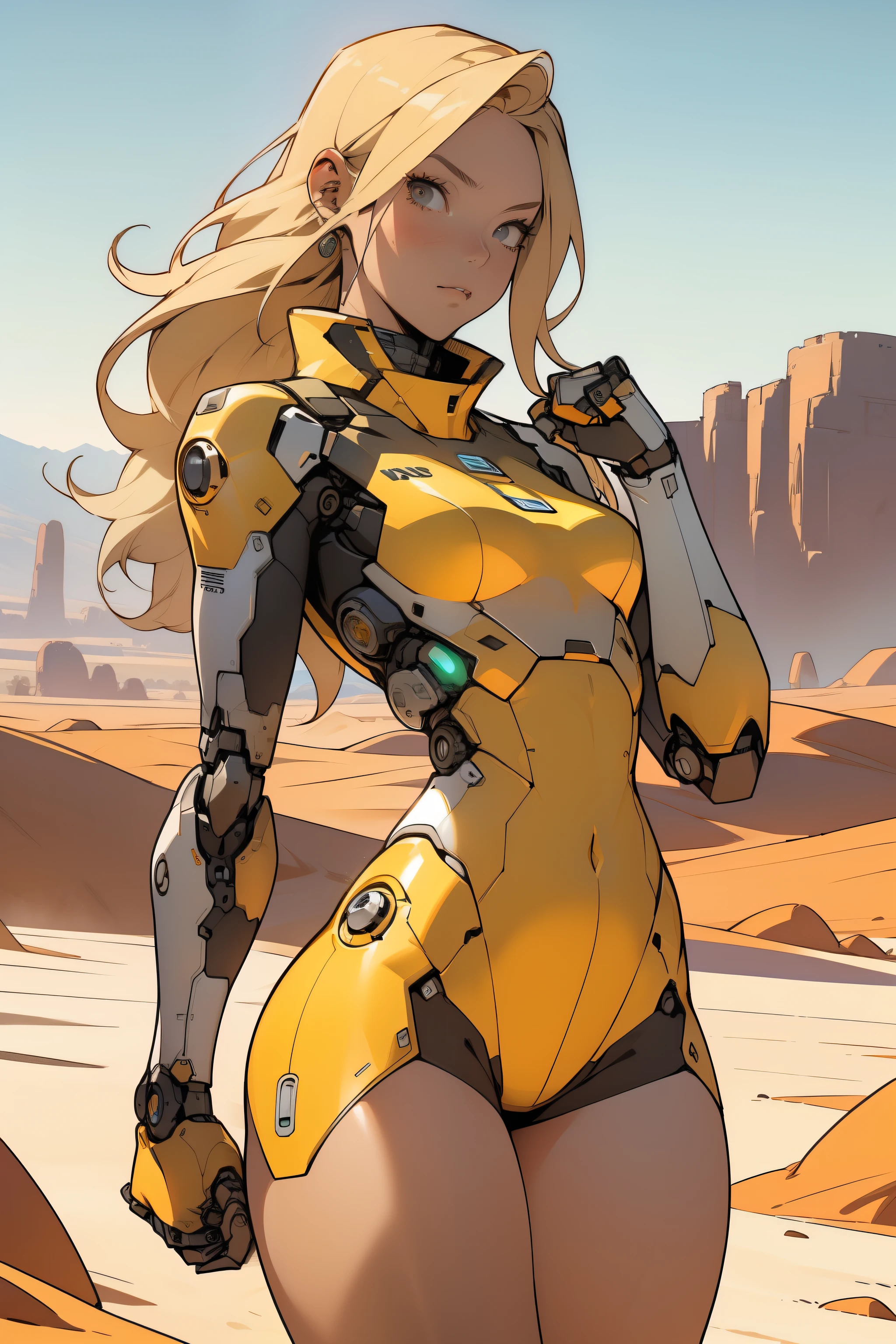 high quality, 4k, masterpiece, beautiful, cyborg girl, cowboy shot, dull eyes, front, looking at viewer, long blonde hair, girl, small breasts, fit thighs, robotic arms, robotic body, cyborg body, yellow & white uniform, orange accent, intricate detail, joint, detailed lines, robotic detail, holding fist up, holding hand up as fist, color robotic parts, robotic parts with color, perfect fingers, on a desert planet, sunny background, colorful desert, a river or a lake in the background, slender thighs, skinny thighs,
