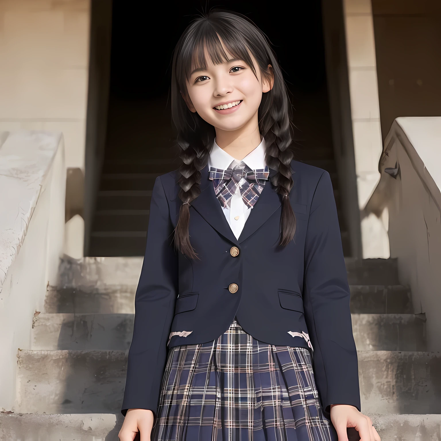 (highest quality、masterpiece:1.2)、highest quality、realistic、photograph、High resolution、1080p、8K、The face is especially pale., physical rendering、((Height: 155cm)), one Japanese girl、((Siren in the form of a 15-year-old Japanese junior high school student)), ((((Siren in the form of a beautiful girl fashion model from a Japanese magazine)))), , (((big very detailed beautiful dark brown eyes))), ((blue girly large wine-red glossy polyester Japanese school ribbon bow tie)), (((black beautiful long twin braids hair))), ((((deep blue colored tartan checkered formal long pleated pleated skirt)))), ((A unpatterned formal dark blue blazer in solid that is slightly oversized and has an emblem on the left chest.)), ((((((laughing at me!)))))), mouth is open, The large blazer and skirt are very cute., detailed fingers, Slender body, ((curled bangs)), so beautiful, long eyelashes, ((Very big and very very very cute eyes of a Japanese girl)), ((large pupils)), double eyelids, The entire skirt is photographed, thin eyebrows, ((drooping eyes)), ((very long eyelashes)), ((cute lovely lovely laughing laughing cheeks)), ((Pure white light hits her face from above and in the front, making her skin and eyes shine beautifully.)), ((Strong light hits the nose and cheeks、It brings out the richness of the expression.)), (((((Her face is expressive, pure and very intelligent.))))), ((looking back at the viewer)), (((((going down demoniac evil stairs bringing me to the underground demoniac temple of Succubus!!))))), ((shot from her back))