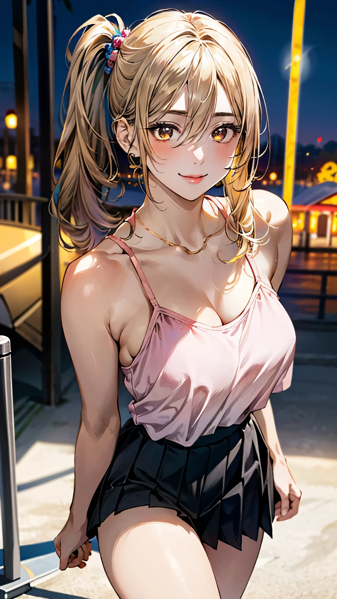 (masterpiece:1.3, top-quality, ultra high res, ultra detailed), (realistic, photorealistic:1.4), beautiful illustration, perfect lighting, natural lighting, colorful, depth of fields, surrealism,
beautiful detailed hair, beautiful detailed face, beautiful detailed eyes, beautiful clavicle, beautiful body, beautiful chest, beautiful thigh, beautiful legs, beautiful fingers,
looking at viewer, 1 girl, japanese, high school girl, (perfect anatomy, anatomically correct), cute and symmetrical face, babyface, perfect face, perfect eyes, shiny skin,
(middle hair:1.8, side ponytail:1.1, marron hair), hair between eyes, (gold eyes), slant eyes, long eye lasher, (large breasts:0.8, seductive thighs),
((light pink halterneck knit camisole, black pleated mini skirt), yellow hair chouchou),
(beautiful scenery), summer, evening, (amusement park, go-round, ferris wheel), extremely sexy, walking, (lovely smile, upper eyes),