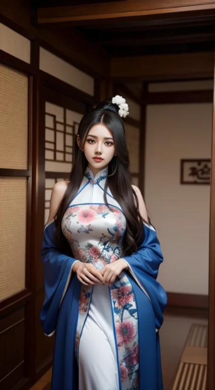 lifelike, High resolution, 1 female, Hips raised, beautiful eyes, long hair, eye socket, jewelry, tattoo, hanfu, Chinese fairy, Taoist clothing