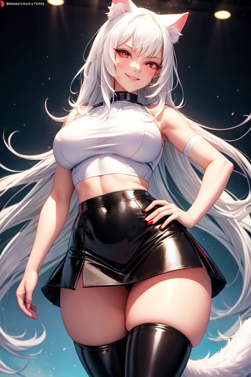 (best quality)), ((masterpiece)), (detailed), perfect face, white hair, white cat ears, white cat tail, DD cup breasts, thick thighs, crazy love eyes, glowing red eyes, smirking, latex short crop top, latex skirt, thigh high stockings, other hand on hip, looking up skirt
