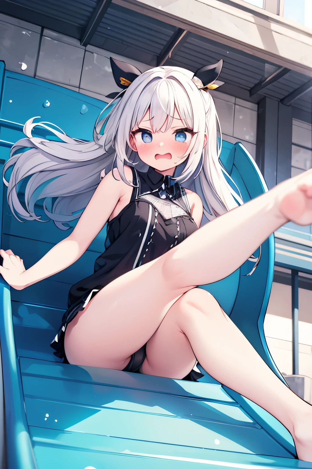 Girl sliding down the slide, sliding down the slide, high resolution, masterpiece, high quality, top quality, beautiful, perfect lighting, detailed face, super cute face, blushing, embarrassed, embarrassed, detailed art, 1girl, solo, throwing up legs and hands ,impatience