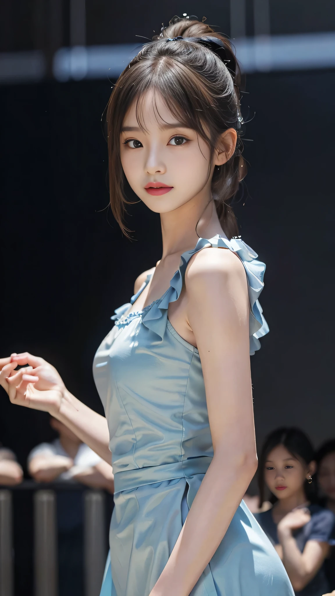 Close up face,standing on stage,Blue colored long dress with lots of ruffles,One woman,masutepiece, The highest image quality, High quality, the background is clear,Beautiful woman, Japanese, Detailed, Detailed eyes, Detailed skin, Beautiful skin, 超hight resolution, (reality: 1.4),Very beautiful woman, Slightly younger face, Beautiful skin, slender, (Ultra photo realsisim), (hight resolution), (8K), (Very detailed) (beautifully detailed eyes), (super detailed), (Detailed face), view the viewer, Fine details, Detailed face, Staring straight ahead, Staring straight ahead, photos realistic, Bright lighting, Professional Lighting, Black hair,poneyTail,a baby face,fifteen years old,Hairstyle is ponytail,long ponytail hairstyle,slight smile,neat and tidy clothing,Beautiful Japanese KPOP idol photo, hair style is ponytail, my eyes are double and wide, baby face, smile and look straight ahead, slender, small breasts,Blue ribbon on head,Close up face,