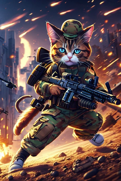 Cute soldier cat character with gun, cat face exposed, highest resolution,Fighting hard on the battlefield