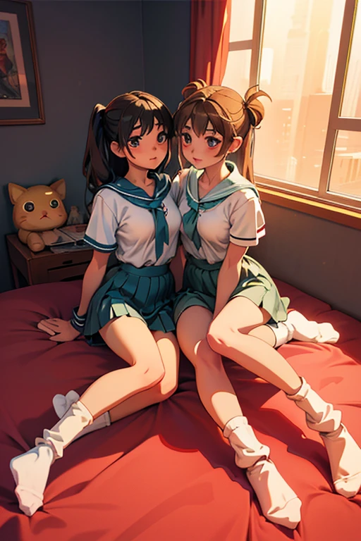 master piece,hyper quality, very detailed,Perfect drawing,nffsw,3D,8K,Two beautiful anime girls kissing while pressing their breasts together Two beautiful anime girls looking at each other from the front, Pushing our chests together、Embracing Japanimation　Moe anime girl　Kogal　brown skin　loose socks(baggy socks:1.5)　gal makeup　sailor suit　mini skirt(0.8)　luxury underwear、I can see your pants、Bedroom、indirect lighting、Night view outside the window、beautiful background、Detail view、accurate drawings、clear face,perfect illustration、