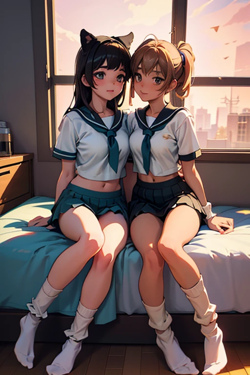 master piece,hyper quality, very detailed,Perfect drawing,nffsw,3D,8K,Two beautiful anime girls kissing while pressing their breasts together Two beautiful anime girls looking at each other from the front, Pushing our chests together、Embracing Japanimation　Moe anime girl　Kogal　brown skin　loose socks(baggy socks:1.5)　gal makeup　sailor suit　mini skirt(0.8)　luxury underwear、I can see your pants、Bedroom、indirect lighting、Night view outside the window、beautiful background、Detail view、accurate drawings、clear face,perfect illustration、